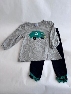 Cutie Pie Smocks Girls Matching Set with Green Recycling Truck Applique